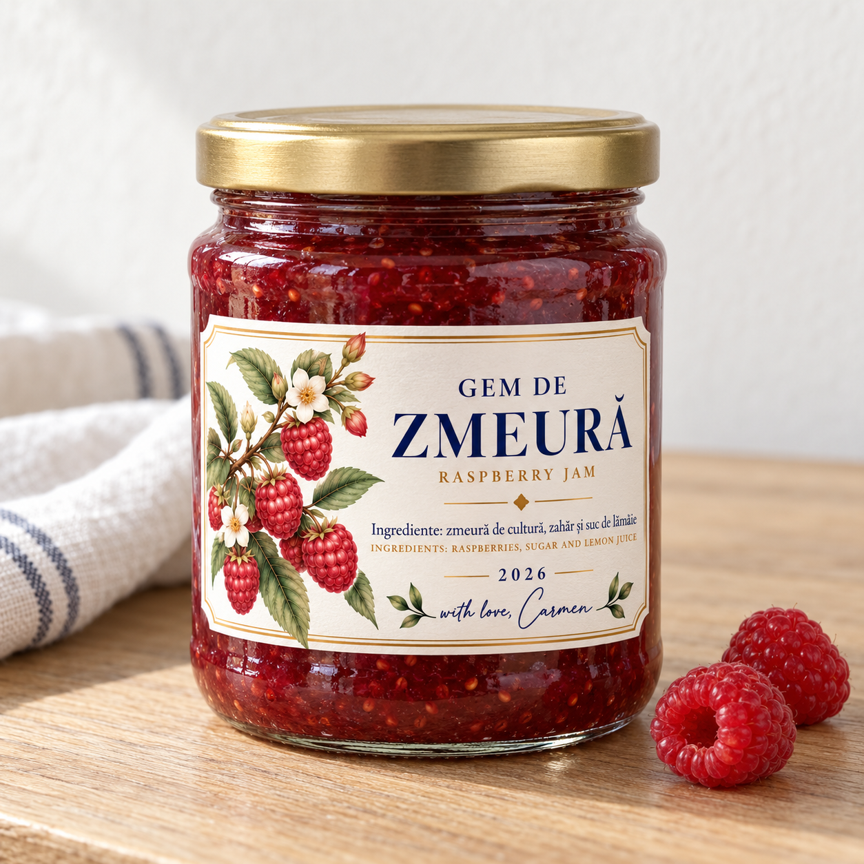 Borcan cu gem de zmeură, cu etichetă botanică «with love, Carmen»