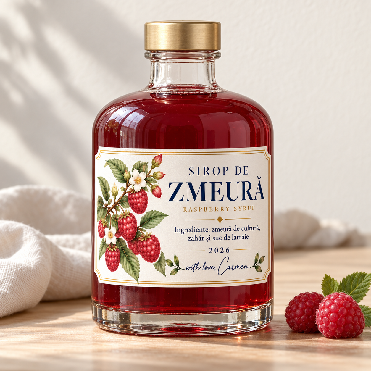 Sticlă cu sirop de zmeură, cu etichetă botanică «with love, Carmen»